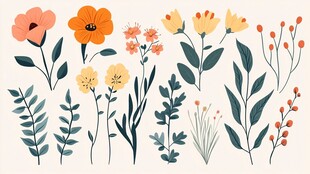 手绘清新花卉植物元素