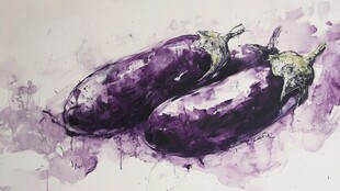 水彩画中的两个紫色茄子