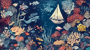 海底奇幻世界与航行帆船