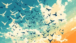 群鸟翱翔于多彩天空