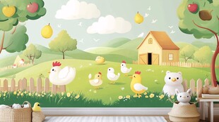 田园风童趣儿童房背景墙