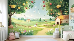 田园风童趣卧室墙绘