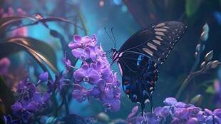 黑蝶停驻紫花丛中