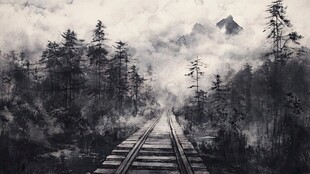 雾中铁路穿行森林之景