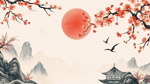 落日红梅映古亭山水景