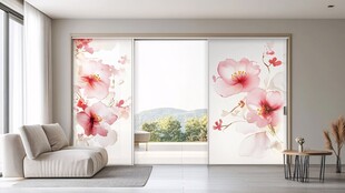 中式花卉风客厅玻璃移门