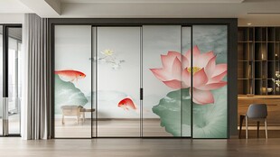 中式荷鱼图案玻璃隔断门