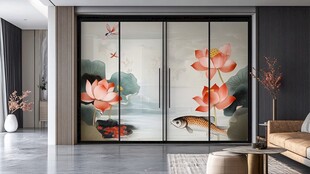 中式荷花锦鲤艺术推拉门