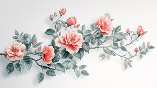 手绘粉色花卉枝叶图案