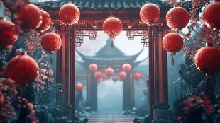 中式庭院红灯笼梦幻景致