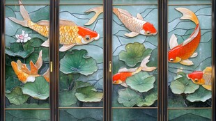 中式锦鲤荷花雕花屏风