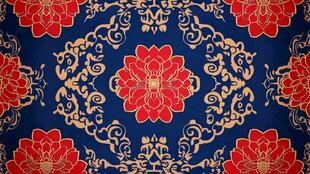 中式蓝底红花传统纹样