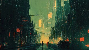 雨夜中的赛博朋克城市街道