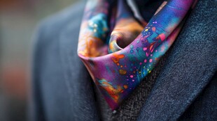 多彩印花丝巾搭配深色外套