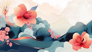 中式山水间绽放艳丽花朵