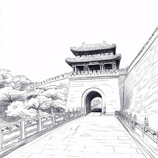 古城门手绘线条艺术图