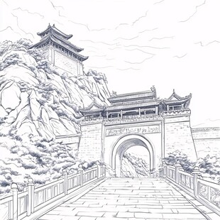 古风城门建筑线描图