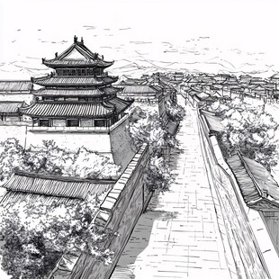 古城墙边的中式古建筑风景