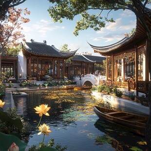 中式古典庭院中的静谧水景
