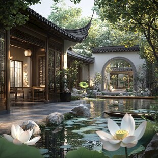 中式庭院 荷塘畔的古韵景致