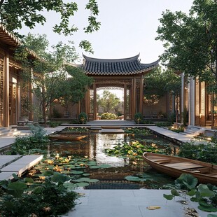 中式庭院 清幽荷塘与古雅建筑