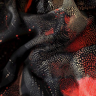 黑底金红印花丝绸布料