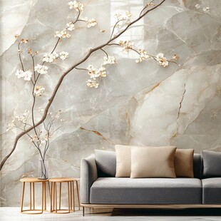 轻奢风大理石花卉客厅背景