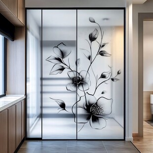 黑白花卉艺术玻璃推拉门