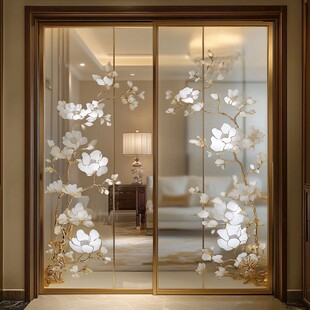 中式玉兰花玻璃推拉门