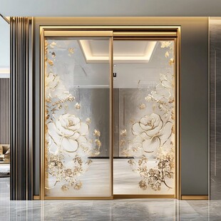 奢华玫瑰花纹玻璃推拉门