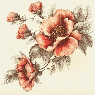 复古风手绘盛开的娇艳花朵