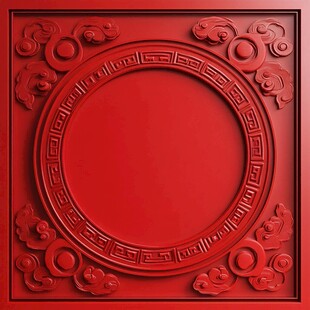 中式红底雕花圆形装饰框