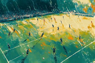 雨中激战的足球比赛场景