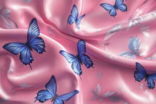 粉色绸缎上的蓝色蝴蝶图案