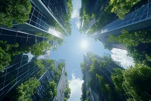 天空下的绿林高楼景观