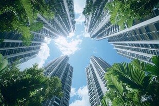 仰观摩天大楼与绿植相映