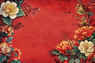 中式红底花卉装饰背景图