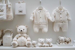 可爱婴儿服饰与毛绒玩具展示