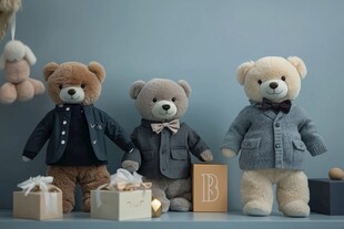 三只萌态泰迪熊的精致装扮