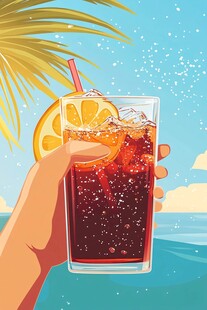 海边手持冰饮的惬意时刻