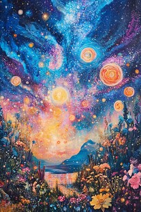 梦幻星空下的繁花山水景