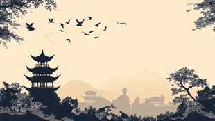 中式古韵飞鸟绕楼阁图景