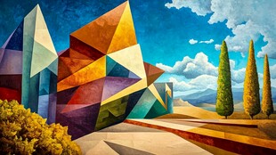 多彩几何建筑旁的清新景致