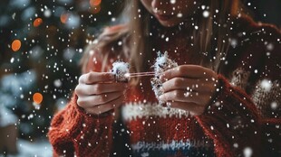 冬日女子专注编织雪花饰品