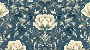 蓝底花卉复古风壁纸图案