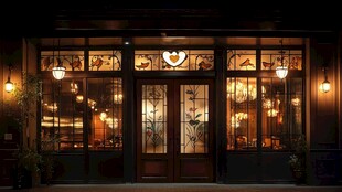 温馨灯光下的精致店铺门口