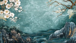 水墨山水间的烂漫花枝