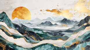 金色日出下的山水写意画