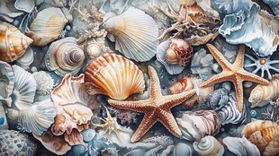 多彩贝壳与海星的海洋图景