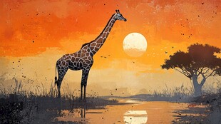 夕阳下的长颈鹿伫立湿地